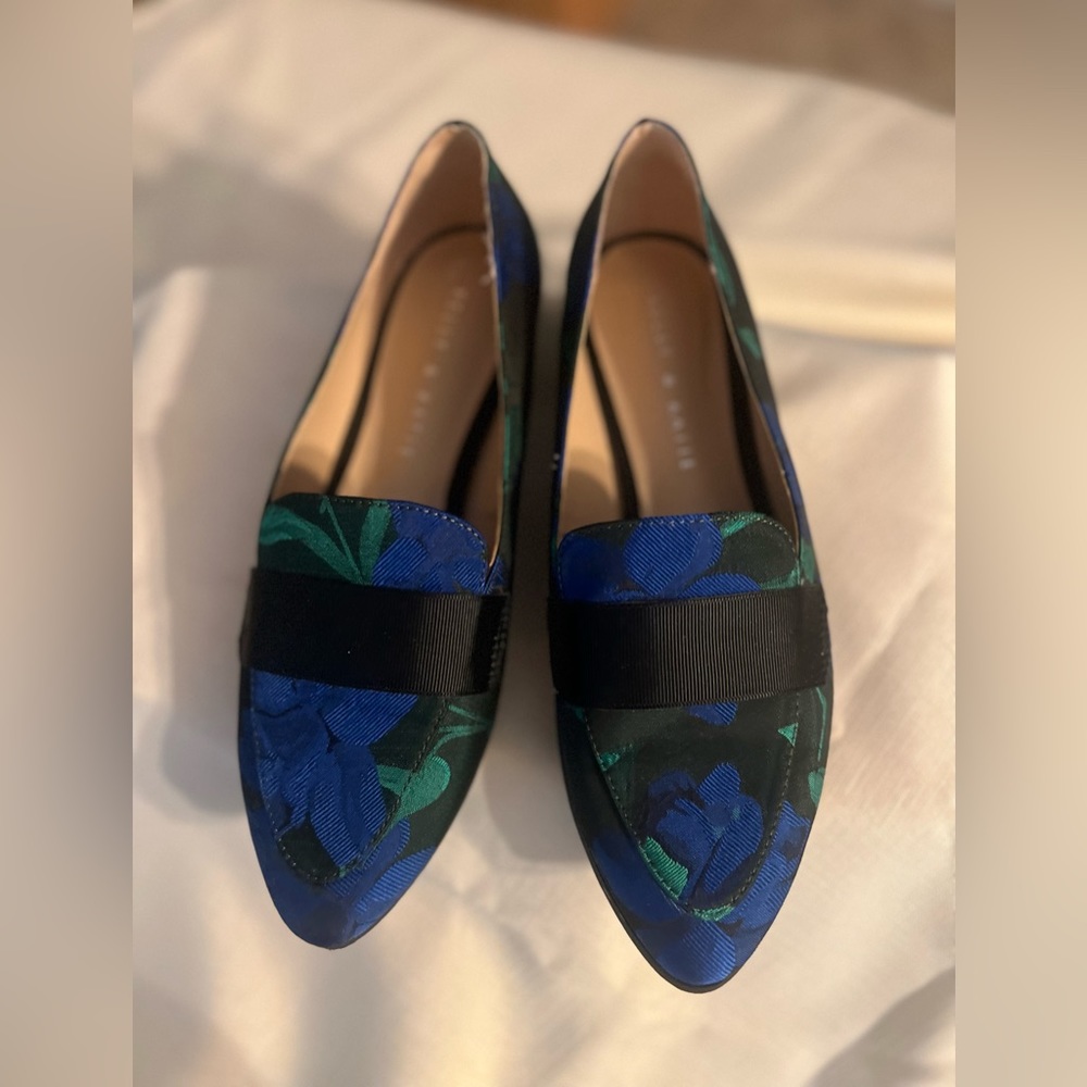 Women’s Kelly & Katie flats.  Blue, green & black brocade fabric.  Size 6.5